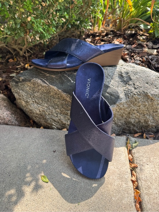 Vionic Shoes - Vionic Kara Navy Crisscross Wedge Slides 9.5 EUC